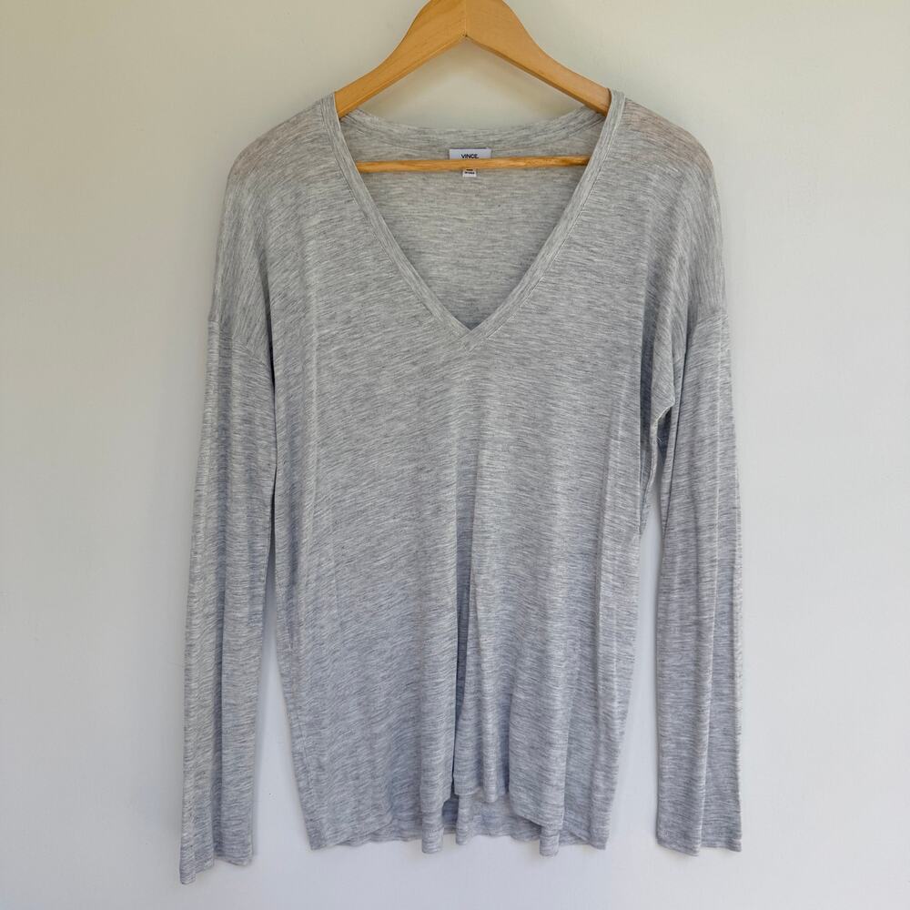 Vince Small Heather Gray V-Neck Long Sleeve Slub Knit Top Tee-Shirt